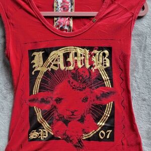 L.A.M.B. Red Muscle Tee with Gold Lamb Graphic